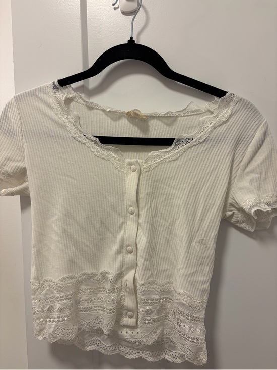 Caution To The Wind Tops - Caution To The Wind Cream Ribbed Lace-Trim Button Front Crop Top